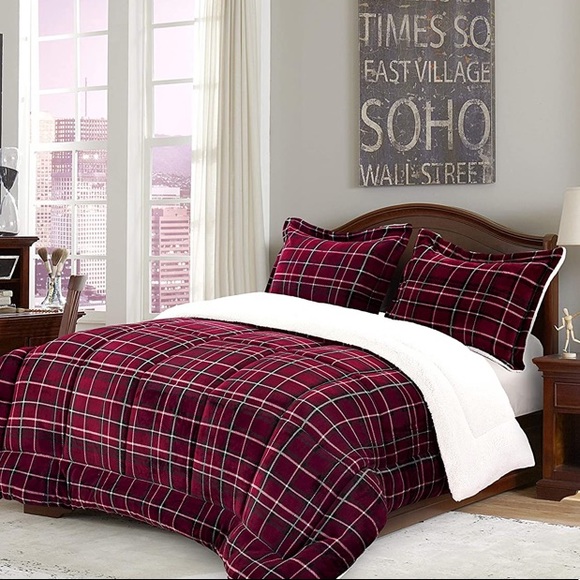 Plaid Micromink Sherpa-Backing Premium Quality Down Alternative Comforter Set 3 - Picture 2 of 5